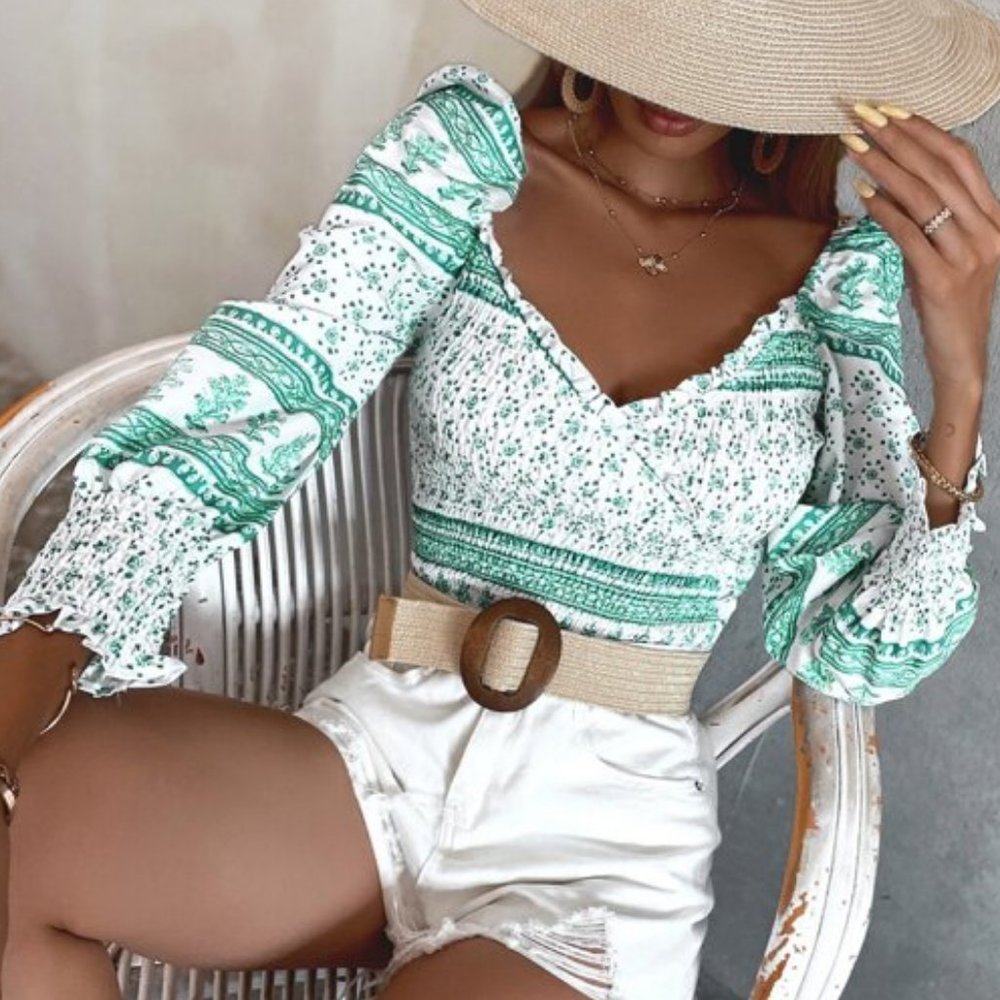 BOHO DOLLZ Disty Floral Print Blouse - GREEN *more - Picture 2 of 6